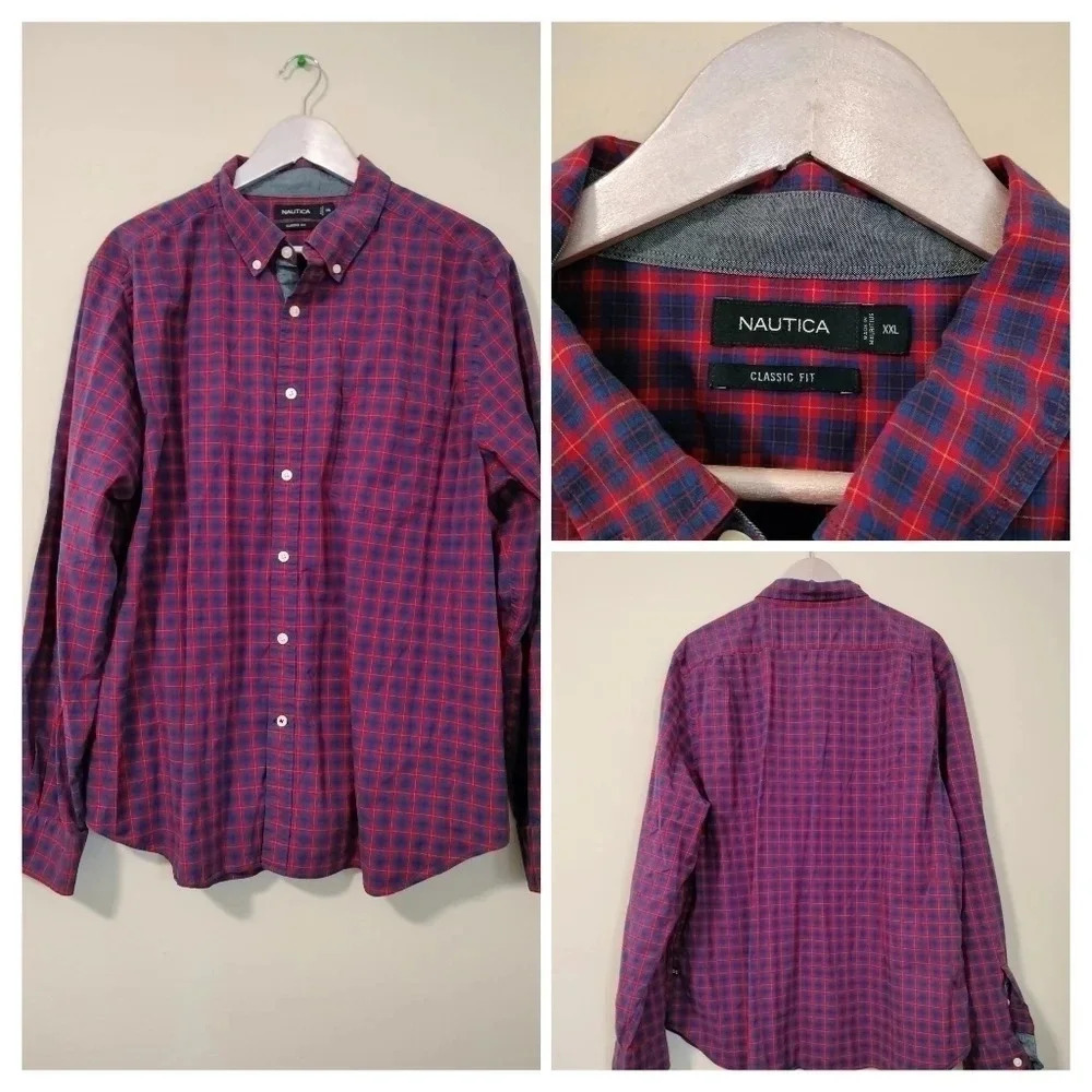 Men's Classic Fit Button Down Red Blue Plaid Top Sz XXL NAUTICA